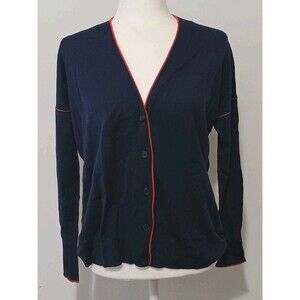 J Crew Navy Blue Red Trim 100% Merino Wool Women's Cardigan Size Small